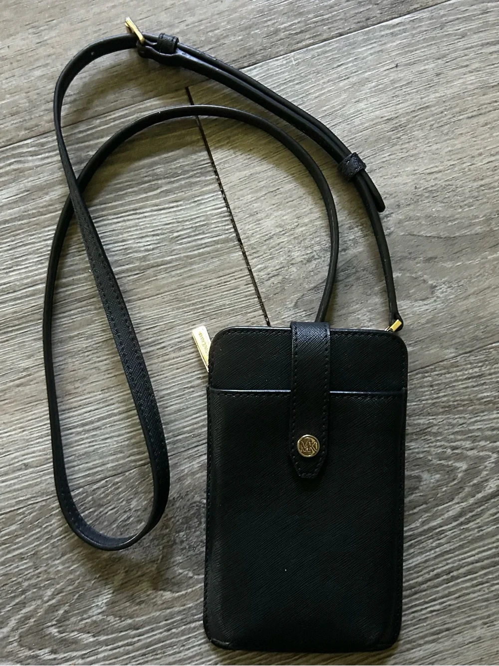 Michael Kors Black Leather Crossbody Phone Pouch with Gold Accents